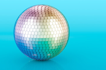 Mirror disco ball on blue background, 3D rendering