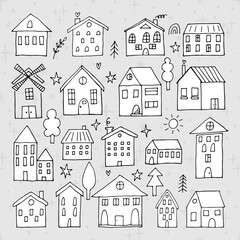 Collection of hand drawn houses. Set of sketched buildings. Doodle style