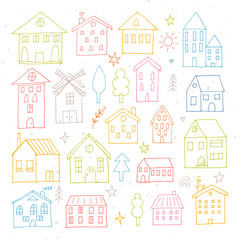 Collection of coloured hand drawn houses. Set of sketched buildings. Doodle style