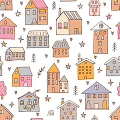 Cute seamless pattern with hand drawn houses. Buildings. Doodle style. Texture for fabric, textile, wrapping, wallpaper
