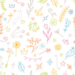 Fototapeta na wymiar Hand drawn floral seamless pattern. Abstract background. Flower design elements. Great for fabric, textile, wallpaper