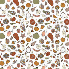 Cute hand drawn seamless pattern with summer fruits and berries. Healthy food background. Trendy textile print