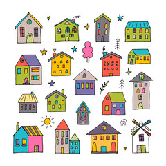 Set of cute hand drawn houses. Collection of sketched buildings. Doodle style
