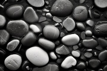 Fototapeta premium Top view of stones in lake shore in black and white. Generative AI
