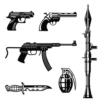 Weapon, gun, knife, rifle, machine gun, short gun, hand grenade black and white art illustration vector design