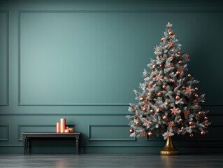 Fototapeta premium A christmas tree in a room with a bench. Generative AI.