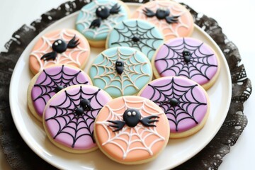 A plate of decorated cookies with spider webs. Generative AI.