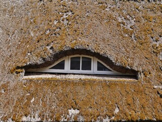 Altes strohgedecktes Dach mit Fenster und Schornstein