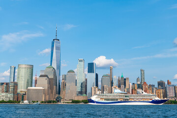 Cruise ship Marella Discovery Manhattan in New York. Skyline of New York Manhattan cruising on the Hudson River cruise liner