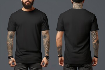 T-shirt mockup. Black blank t-shirt front and back views. male clothes wearing clear attractive apparel tshirt models template | Generative AI