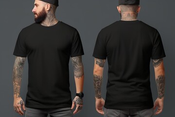 T-shirt mockup. Black blank t-shirt front and back views. male clothes wearing clear attractive apparel tshirt models template | Generative AI