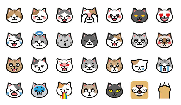 いろんな表情がかわいい猫の顔絵文字ベクターアイコンセット