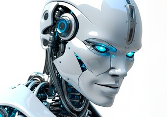 Futuristic android robot or cyborg on the white background. Artificial intelligence. AI generated.