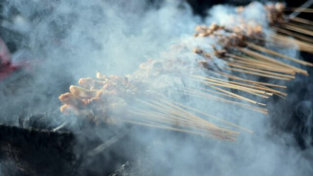 Taichan chicken satay being grilled on a charcoal satay grill. The smoke released is quite plentiful and thick, covering the background. Taken from the side with a close up shot and handheld