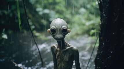 Enigmatic Shadows: Creepy Creature in the Rainy Jungle, Monsterous Ghost Alien Generative AI