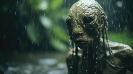 Enigmatic Shadows: Creepy Creature in the Rainy Jungle, Monsterous Ghost Alien Generative AI