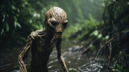 Fototapeta na wymiar Enigmatic Shadows: Creepy Creature in the Rainy Jungle, Monsterous Ghost Alien Generative AI