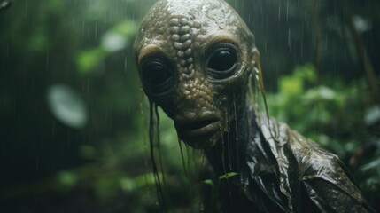 Obraz premium Enigmatic Shadows: Creepy Creature in the Rainy Jungle, Monsterous Ghost Alien Generative AI