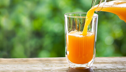 orange juice pouring into glass from jug on green blurred background