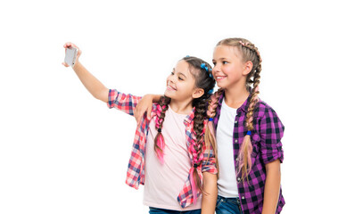 girls children having selfie time. school friends capture fun with selfie. friendship concept. heartwarming friendship selfie. school children making selfie. With smiles and laughter