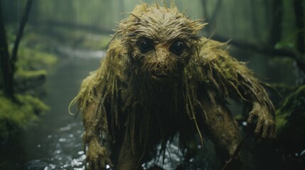 Fototapeta premium Enigmatic Shadows: Creepy Creature in the Rainy Jungle, Monsterous Ghost Alien Generative AI
