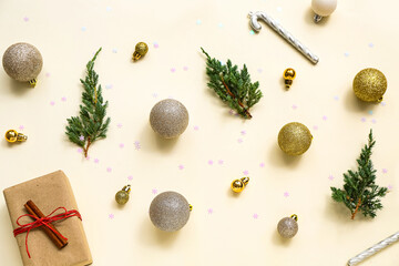 Different Christmas decorations on white background