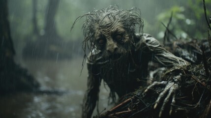 Obraz premium Enigmatic Shadows: Creepy Creature in the Rainy Jungle, Monsterous Ghost Alien Generative AI