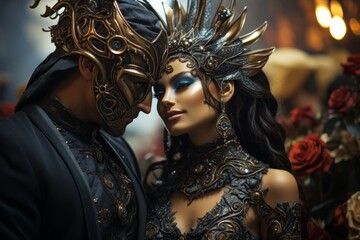 Elegant couple wearing glamour masks at a masquerade ball, evoking the mysterious and sensual atmosphere. Generative Ai
