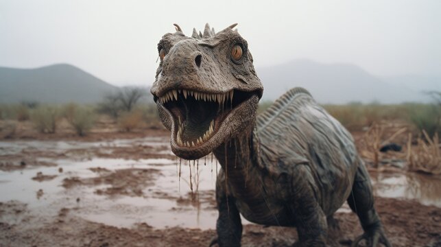 Desert Enigma: Creepy Dinosaur in the Rainy Desert Captured in a Photograph Generative AI