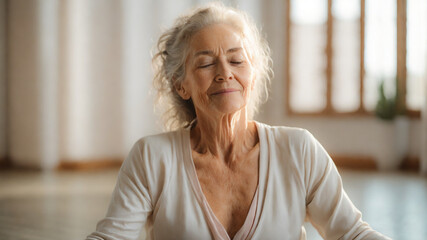 Serene senior woman meditating indoors
