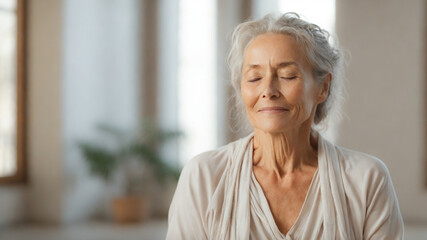 Serene senior woman meditating indoors
