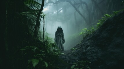 Phantom Veil: Creepy Ghost in the Rainy Jungle Captured in a Photograph Generative AI