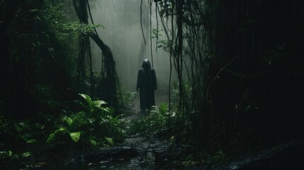 Phantom Veil: Creepy Ghost in the Rainy Jungle Captured in a Photograph Generative AI