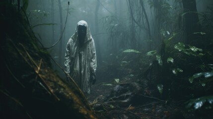 Phantom Veil: Creepy Ghost in the Rainy Jungle Captured in a Photograph Generative AI