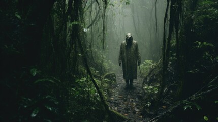 Obraz premium Phantom Veil: Creepy Ghost in the Rainy Jungle Captured in a Photograph Generative AI
