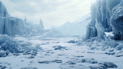 Fototapeta na wymiar Frozen Extraterrestrial: Ice Snow Alien Planet Landscape Captured on 35mm Film Generative AI