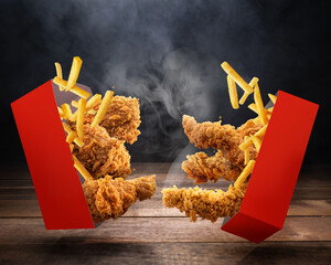 Fried Chicken breast and crispy Tenders crunchy  breast and chicken leg pieces and fries
 fall into Buckets - Red box on a table with smoke and black background
