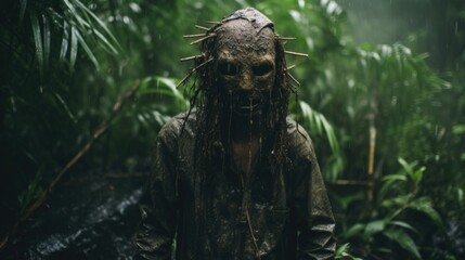 Dark and Scary Demon Creature in the Rainy Jungle of Horror Generative AI