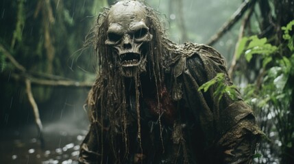 Obraz premium Scary Demon in the Rainy Jungle Evoking Horror Generative AI