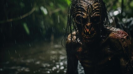 Fototapeta na wymiar Scary Demon in the Rainy Jungle Evoking Horror Generative AI