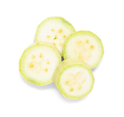 Slices of fresh green zucchini on white background