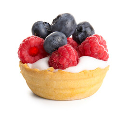 Tasty tartlet with whipped cream and berries on white background