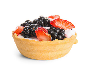 Tasty tartlet with whipped cream and berries on white background