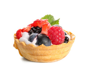 Tasty tartlet with whipped cream and berries on white background