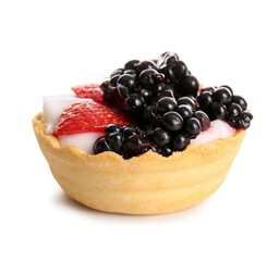 Tasty tartlet with whipped cream and berries on white background