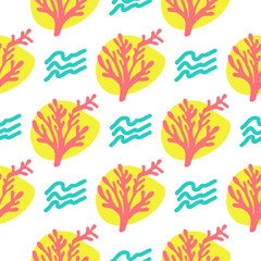 Fototapeta na wymiar Seamless summer color pattern of abstract shapes.Waves, corals and a yellow spot. Background design, packaging, fabric. Vector illustration...