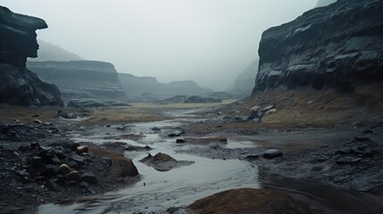 Fototapeta premium Photo-Realistic Wet Alien Planet with Mountains and Valleys generative AI.