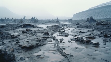 Photo-Realistic Wet Alien Planet with Mountains and Valleys generative AI.
