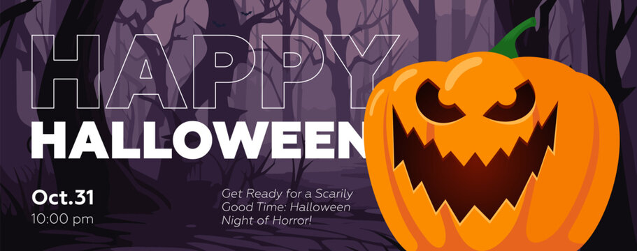 Happy Halloween party banner with spooky face pumpkin in night moonlight forest. Horizontal art poster scary Jack-o-lantern in moonlit wood. Holiday promo artwork flyer. Trendy typography vector print