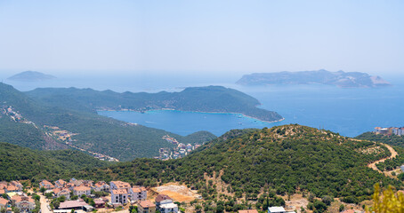 Fototapeta na wymiar Aerial view of Kastellorizo from Kas district. Castellorizo, officially Megisti, is a Greek island and municipality of the Dodecanese in the Eastern Mediterranean.